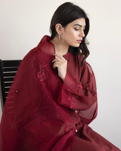 Burgundy | 3-pc Stitched Embroidered Outfit
